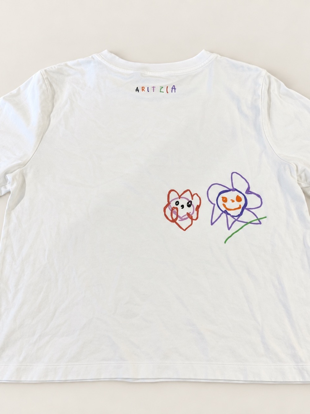 Aritzia White Short Sleeve Tee with Colorful Hand-Drawn Flower & Heart Graphics
